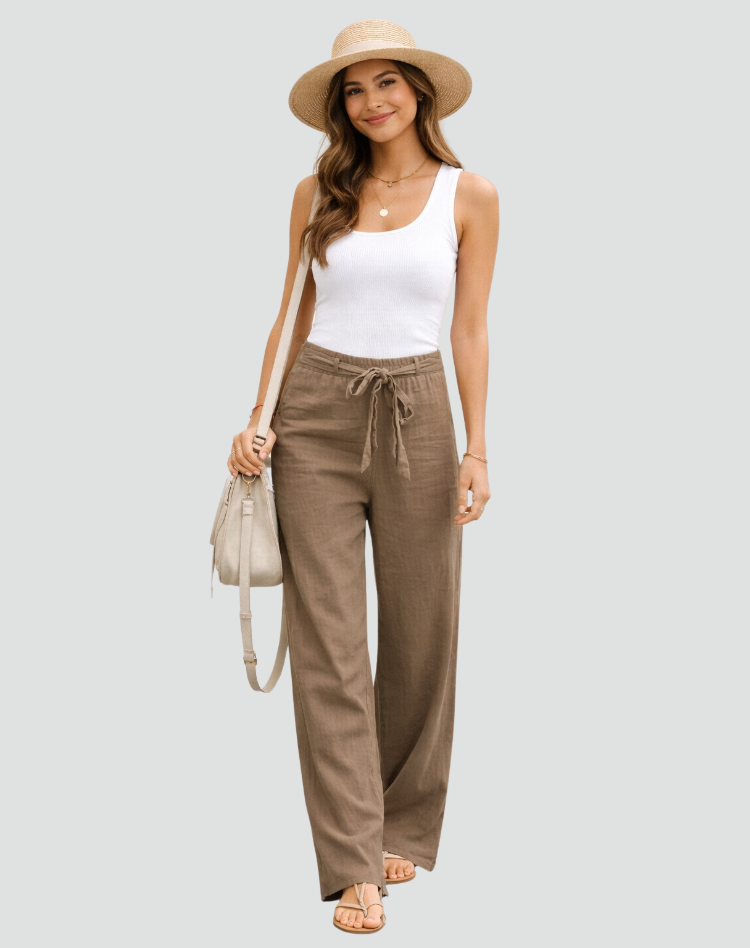 Wide-Leg Linen Trousers with Pleated Tie Waist