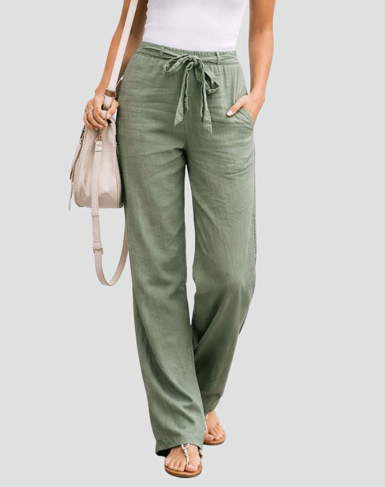 Wide-Leg Linen Trousers with Pleated Tie Waist