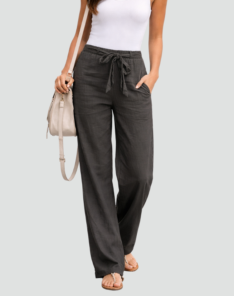 Wide-Leg Linen Trousers with Pleated Tie Waist
