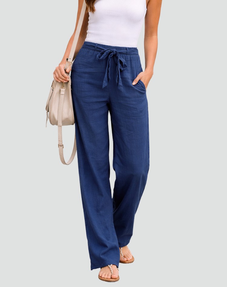 Wide-Leg Linen Trousers with Pleated Tie Waist