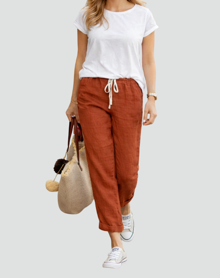 Linen Trousers with Drawstring Waist and Tapered Leg