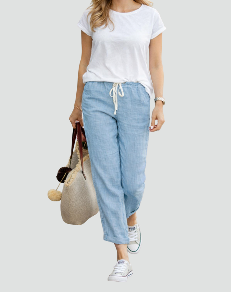 Linen Trousers with Drawstring Waist and Tapered Leg