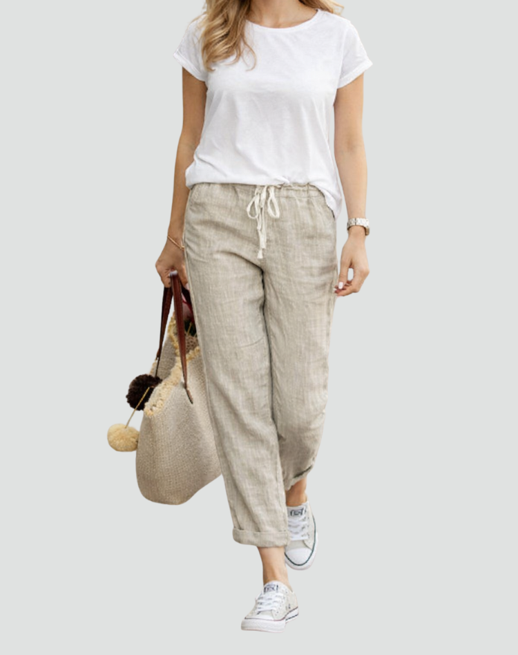 Linen Trousers with Drawstring Waist and Tapered Leg