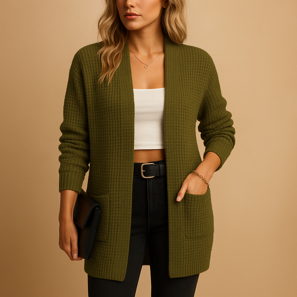 Cardigan long tricoté pour femme, ouvert sur le devant et doté de poches