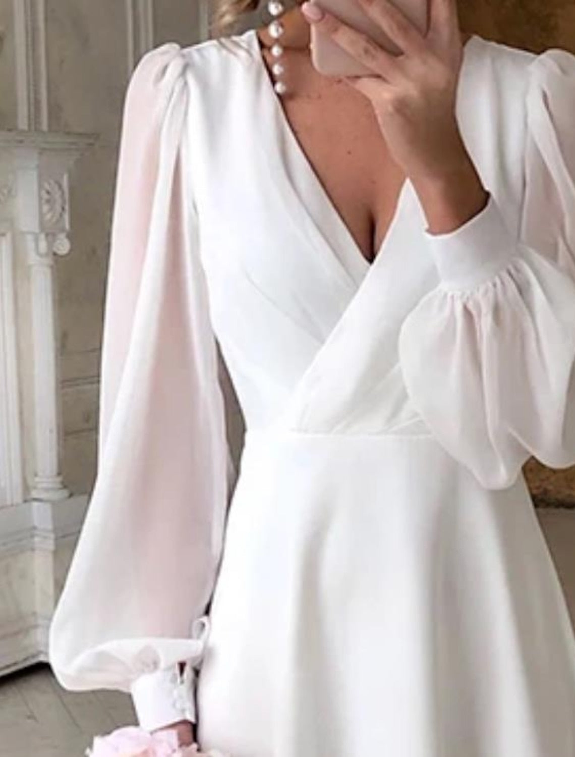 Women's Long Sleeve V-Neck Bridal Midi Dress