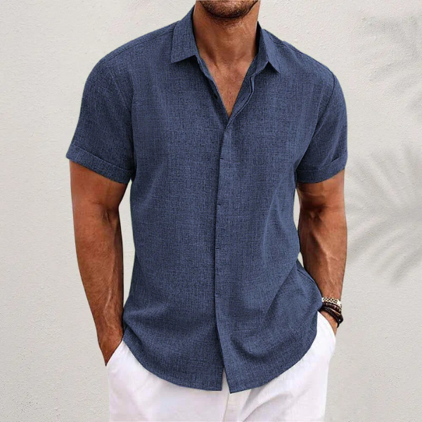 Linen Short-Sleeve Shirt with Spread Collar