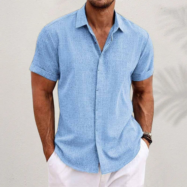 Linen Short-Sleeve Shirt with Spread Collar