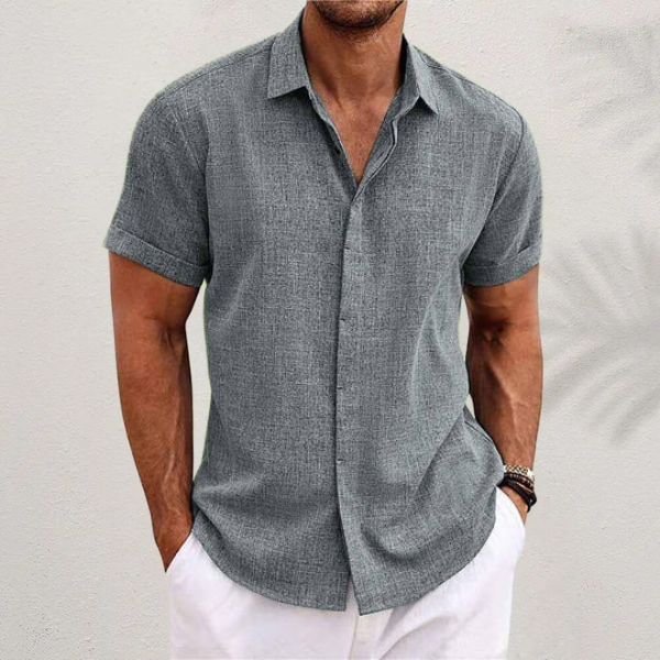 Linen Short-Sleeve Shirt with Spread Collar