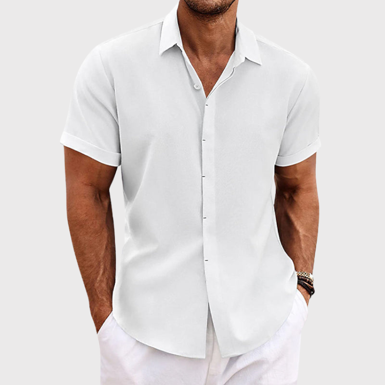 Linen Short-Sleeve Shirt with Spread Collar
