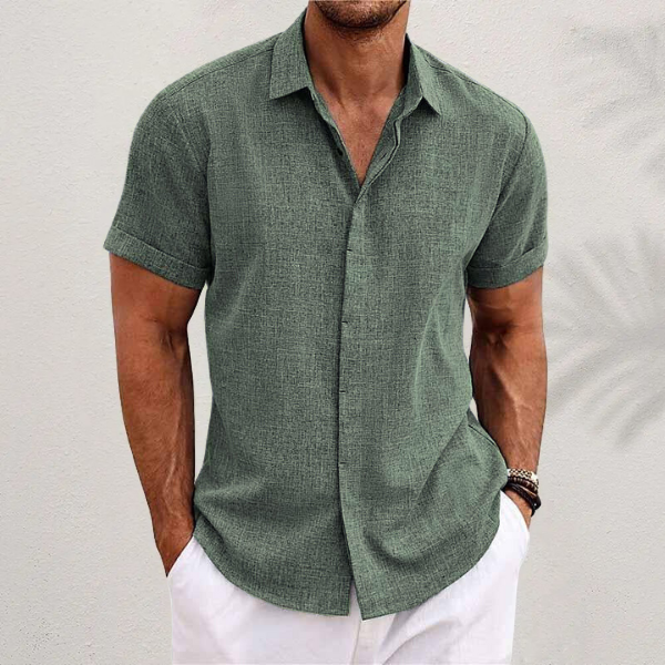Linen Short-Sleeve Shirt with Spread Collar