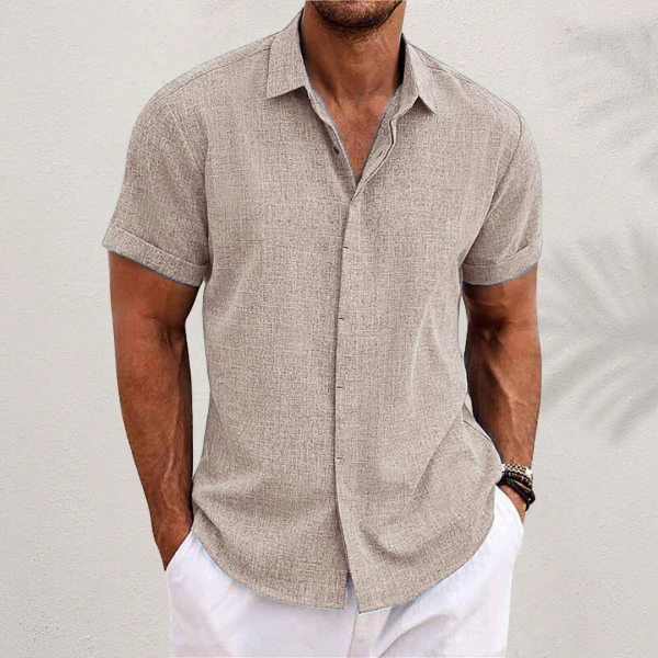 Linen Short-Sleeve Shirt with Spread Collar