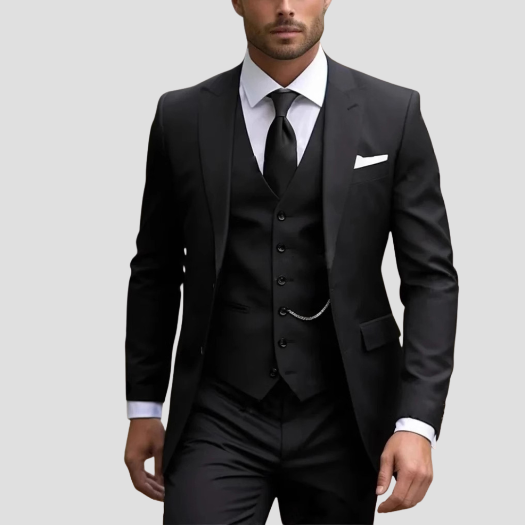 Tailored Three-Piece Suit with Silver Chain Accent