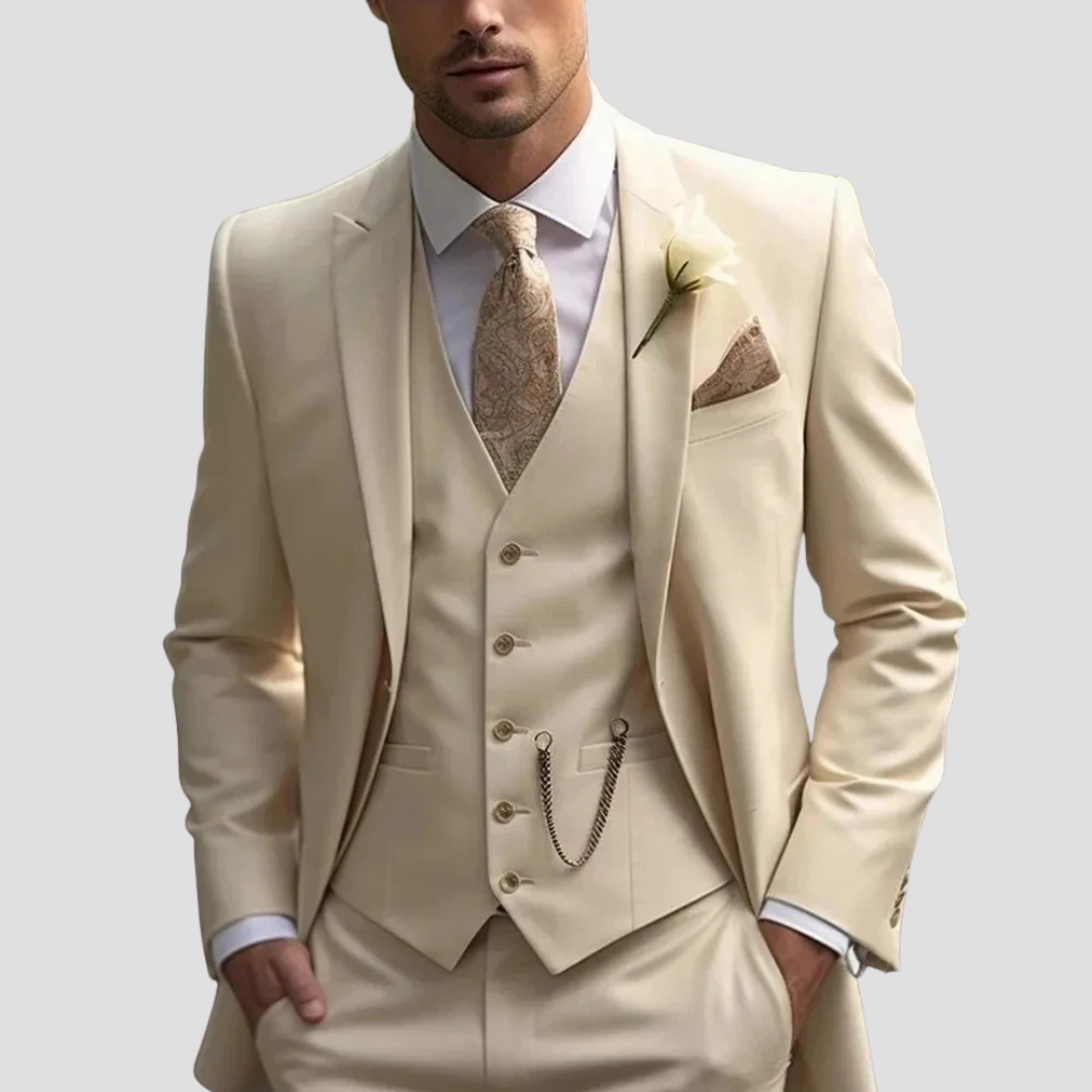 Tailored Three-Piece Suit with Silver Chain Accent