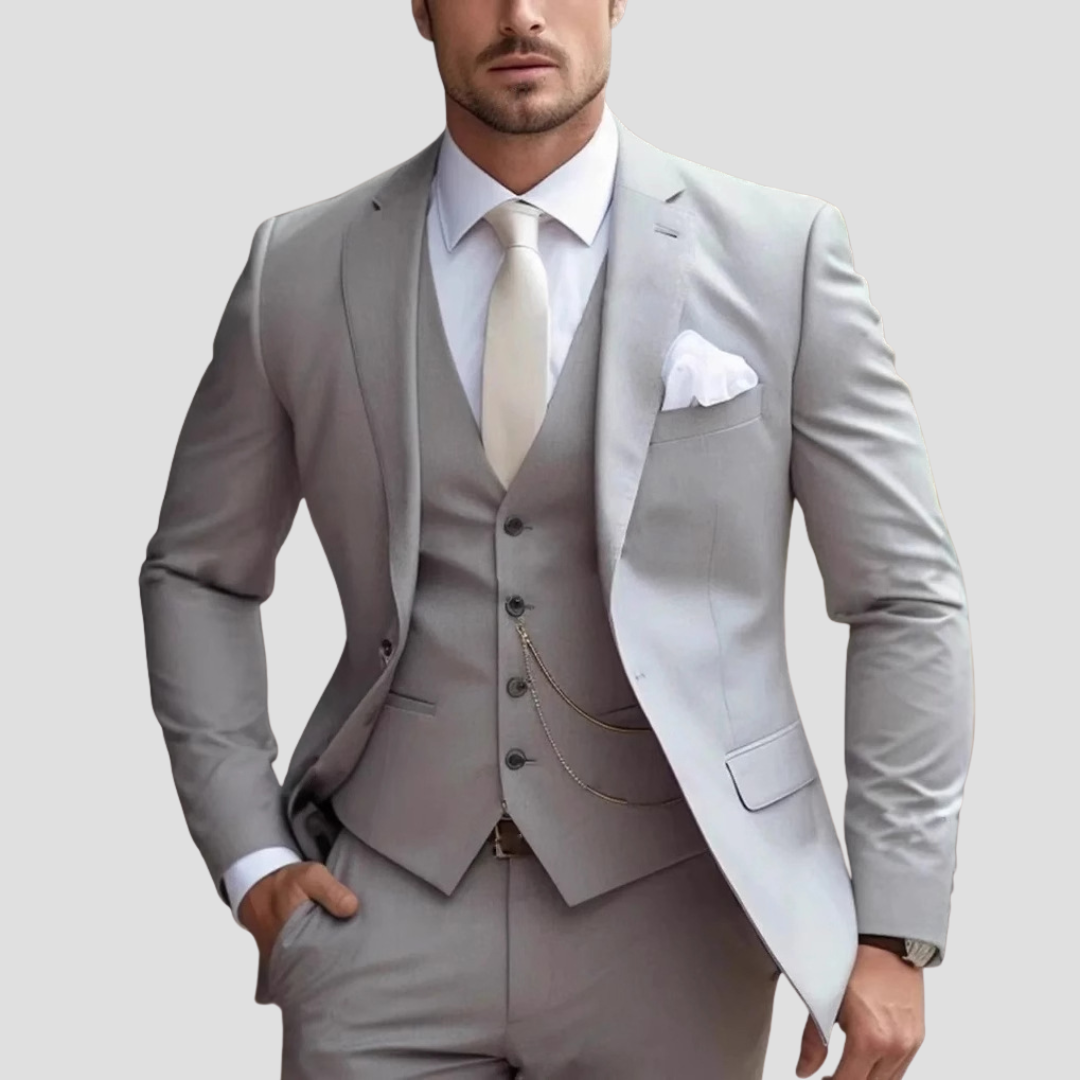 Tailored Three-Piece Suit with Silver Chain Accent