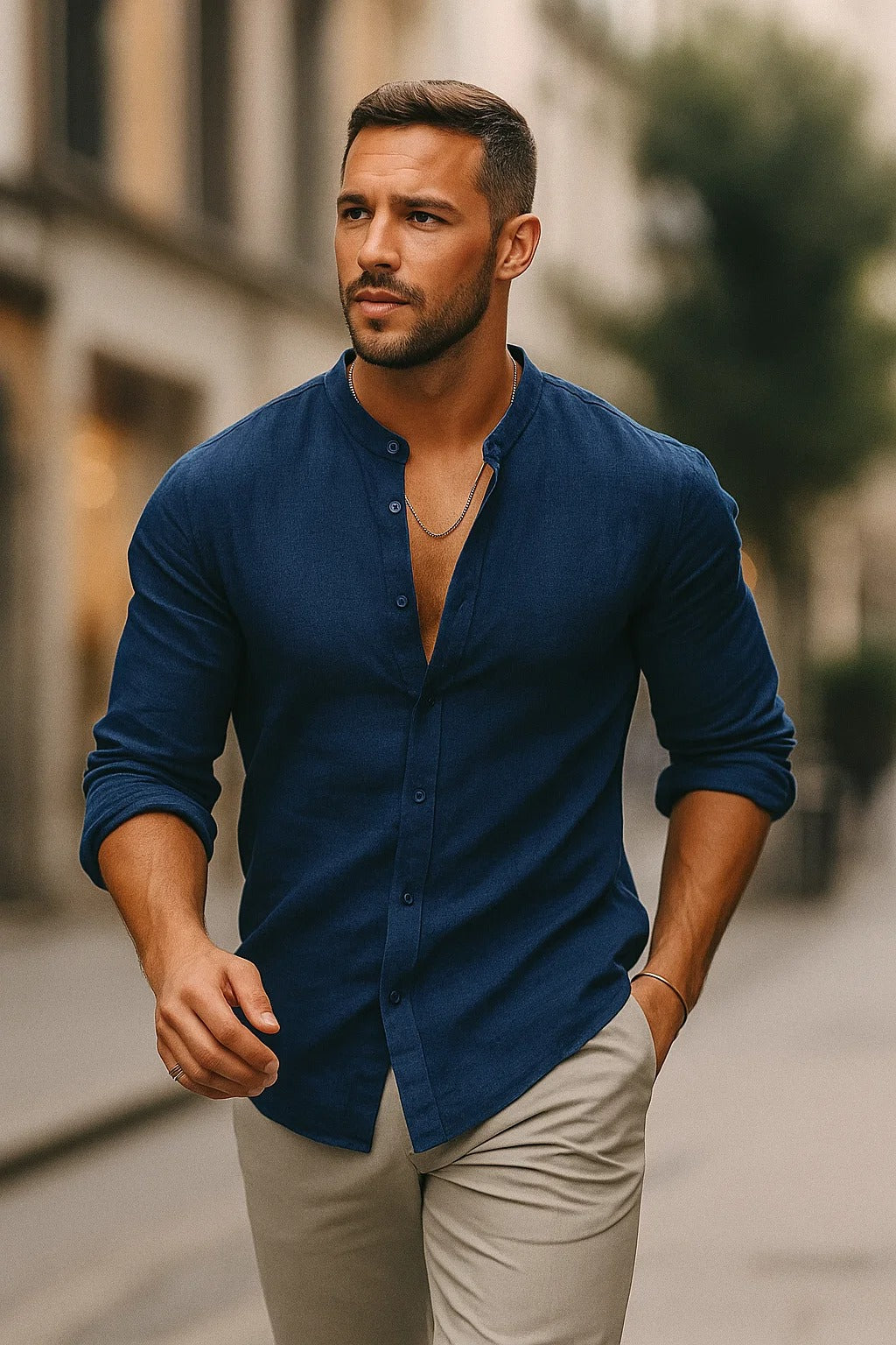 Linen Grandad Collar Shirt with Long Sleeves and Relaxed Fit