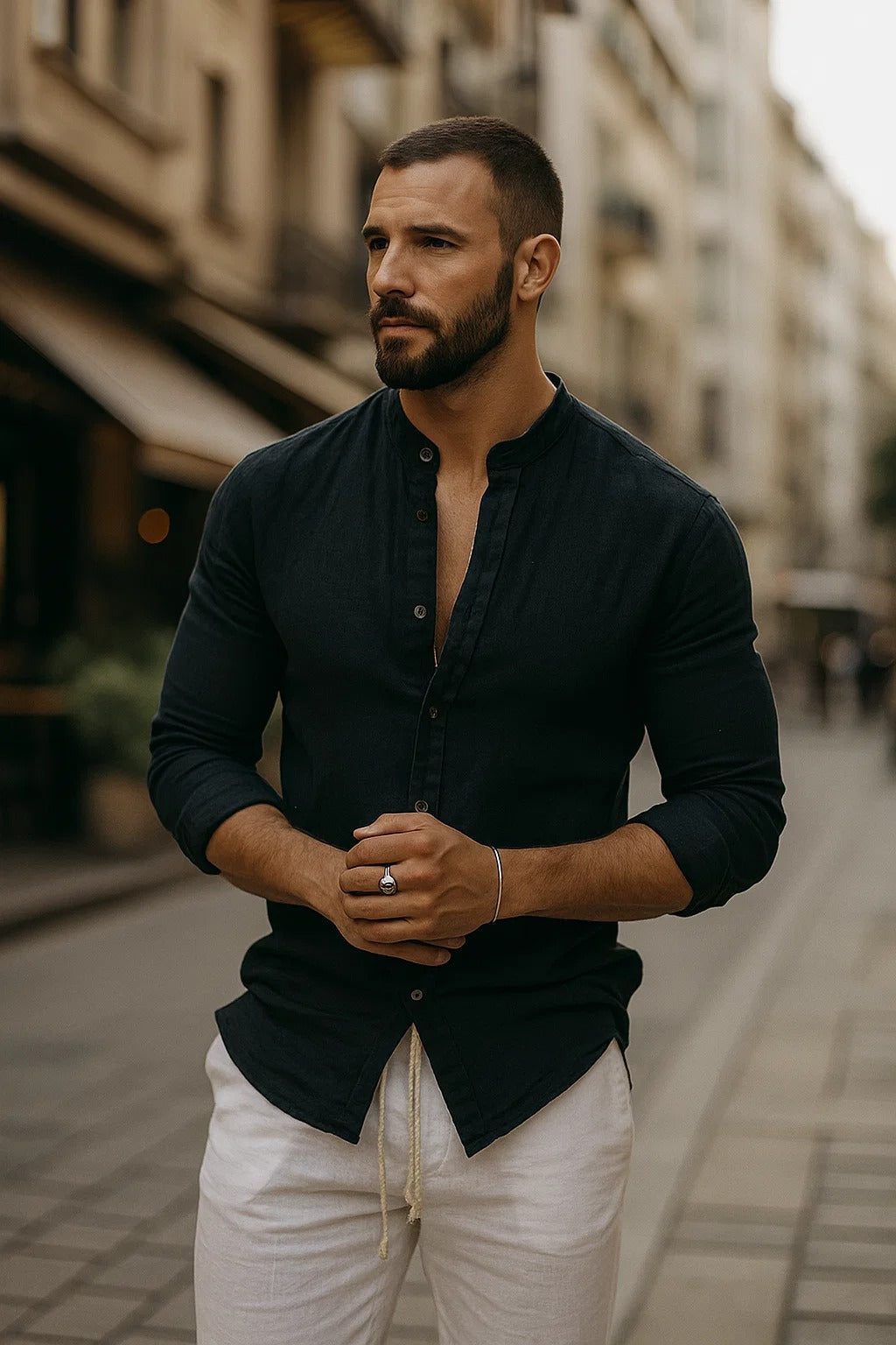 Linen Grandad Collar Shirt with Long Sleeves and Relaxed Fit