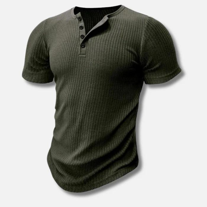 Ribbed Henley T-Shirt with Button Placket