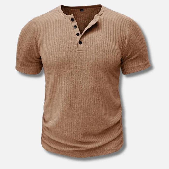 Ribbed Henley T-Shirt with Button Placket
