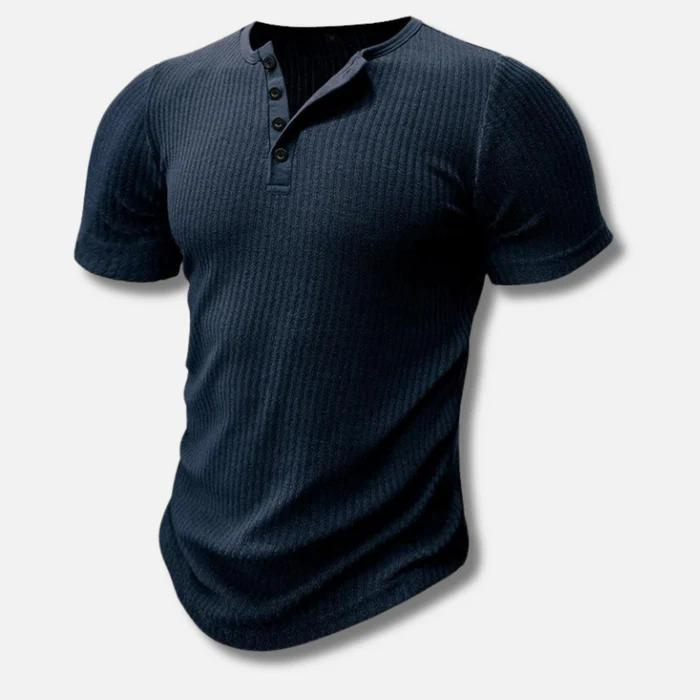 Ribbed Henley T-Shirt with Button Placket