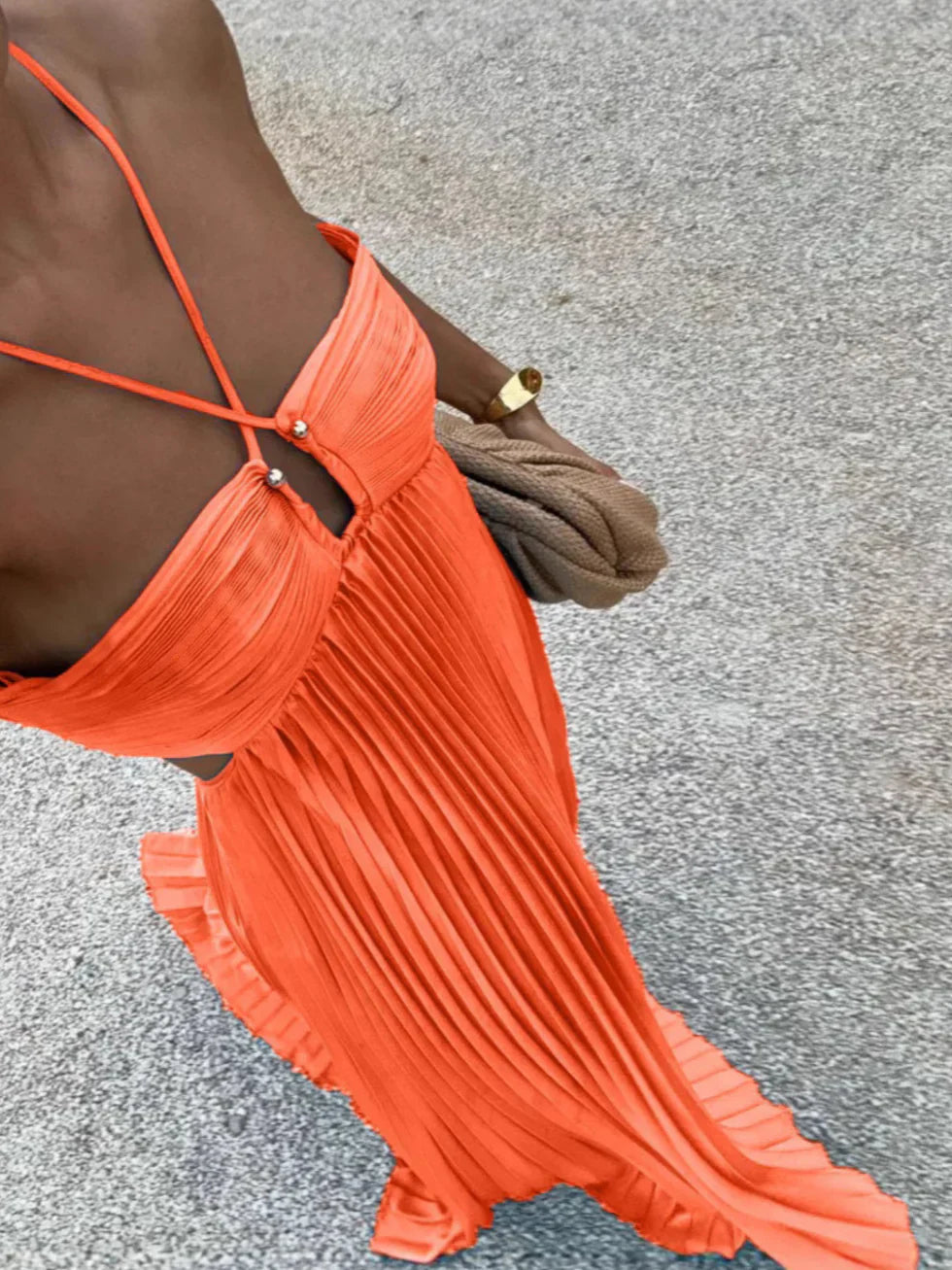 Pleated Cami Maxi Dress with Ruffle Hem