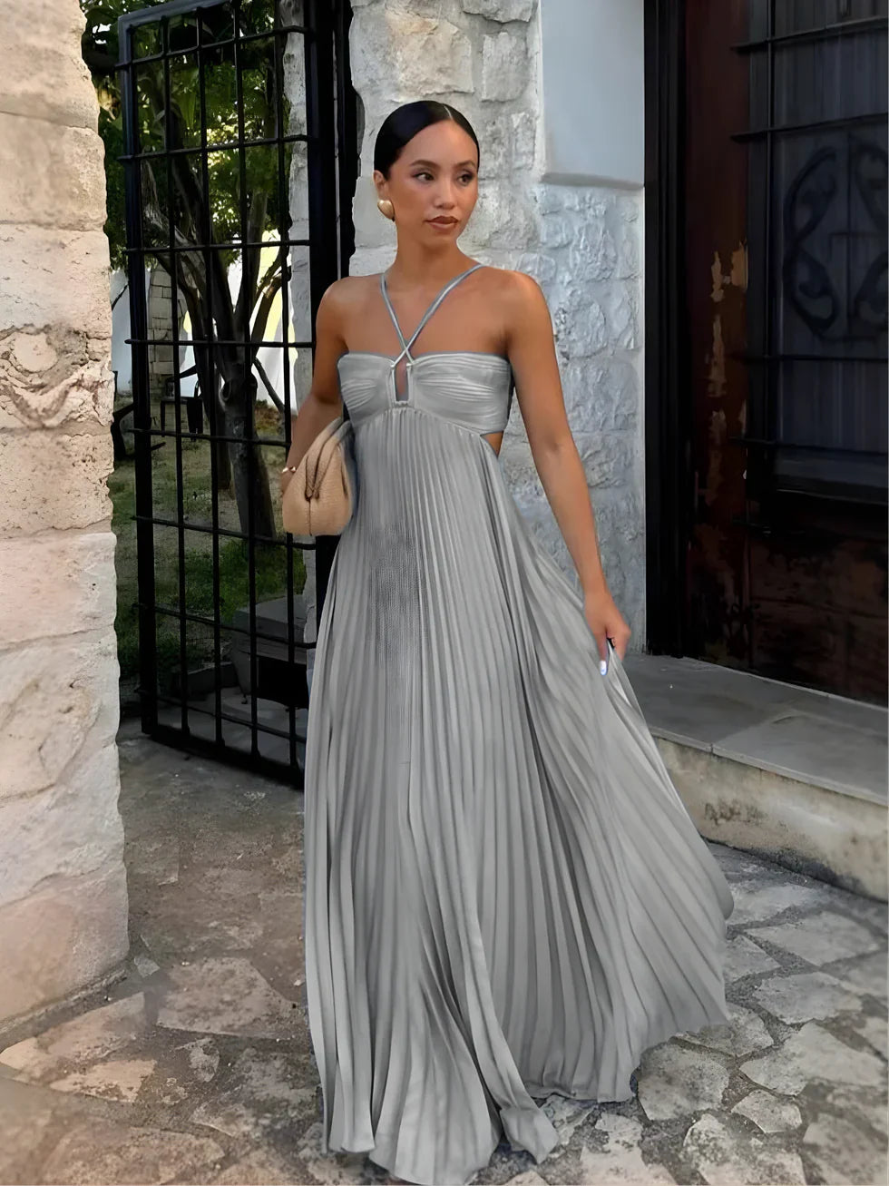 Pleated Cami Maxi Dress with Ruffle Hem