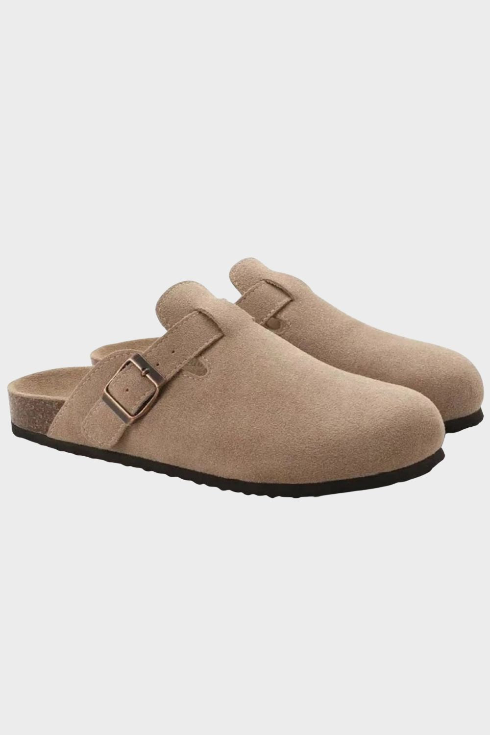 Suede Buckle Clogs with Cork Sole