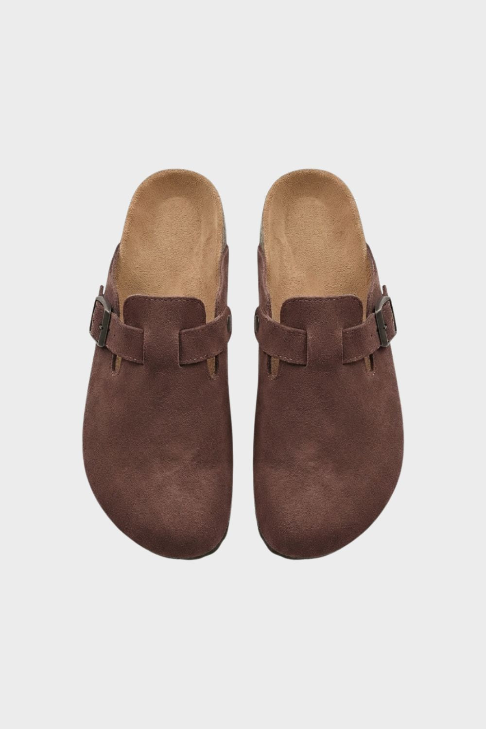 Suede Buckle Clogs with Cork Sole