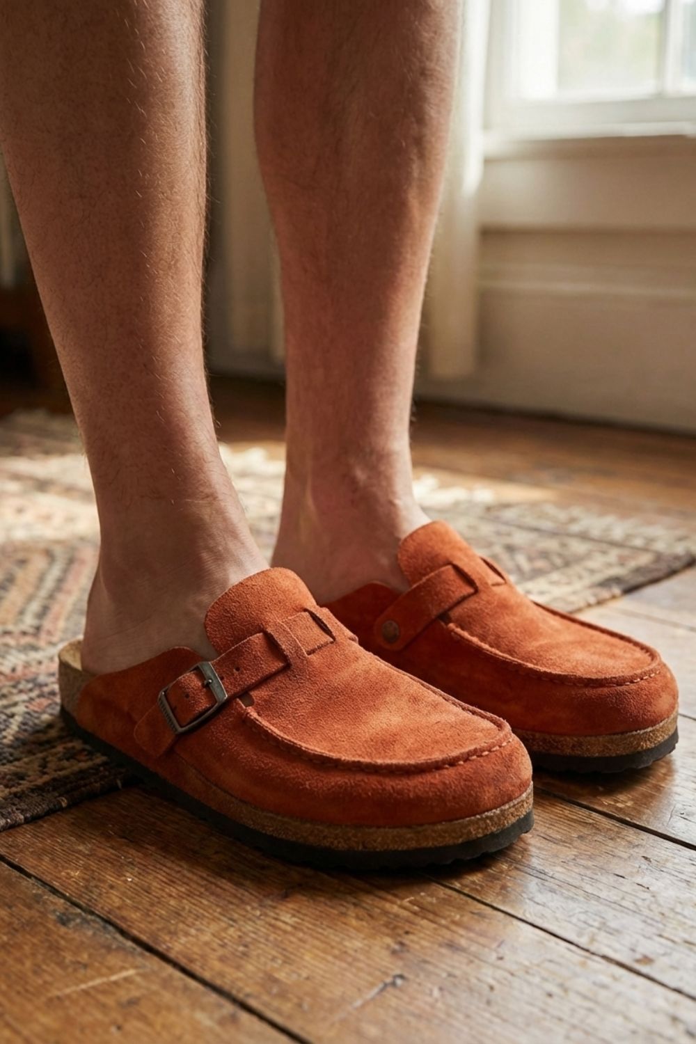 Men's Suede Buckle Clogs with Cork Sole