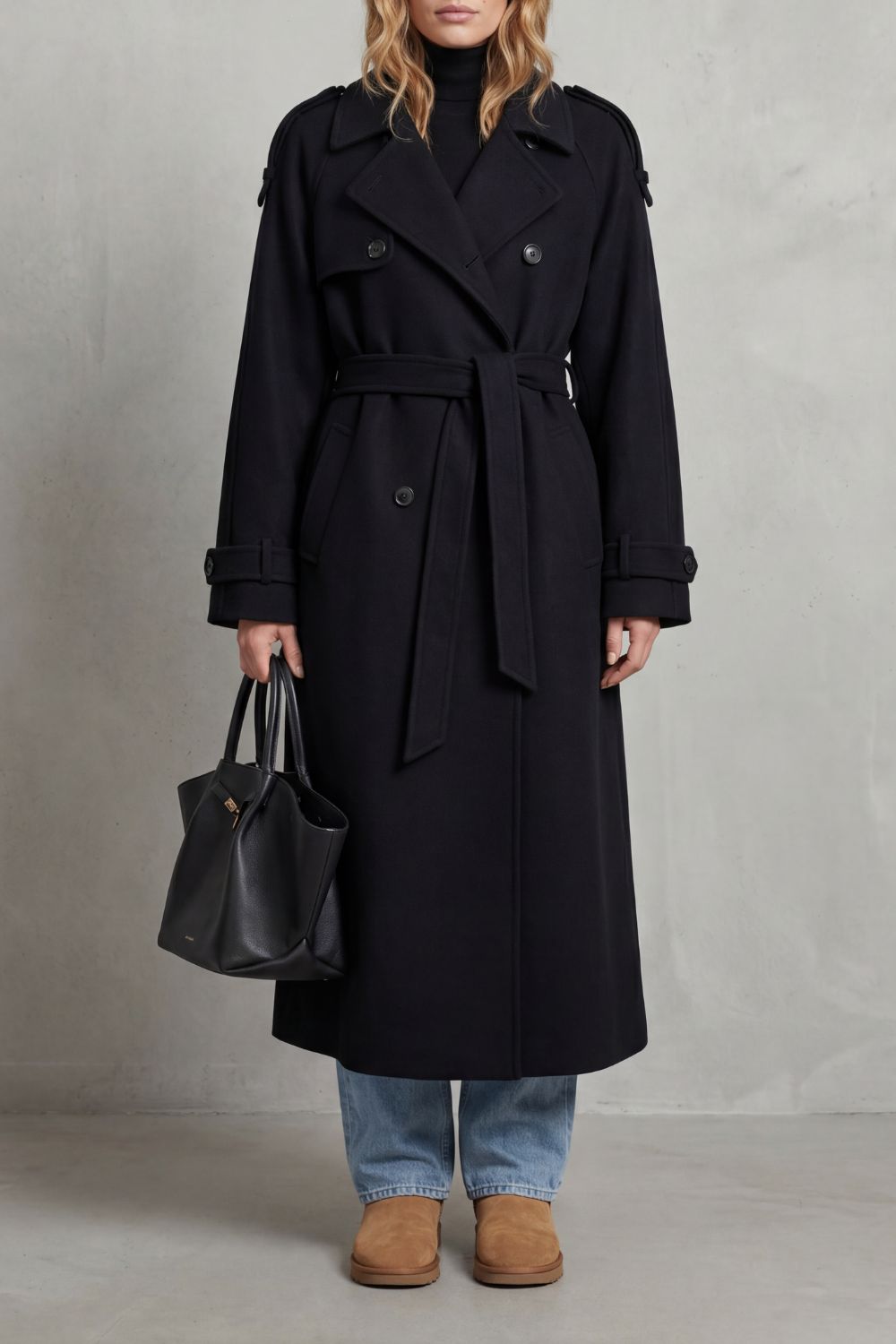 Manteau trench oversize pour femme, en mélange de laine, avec ceinture