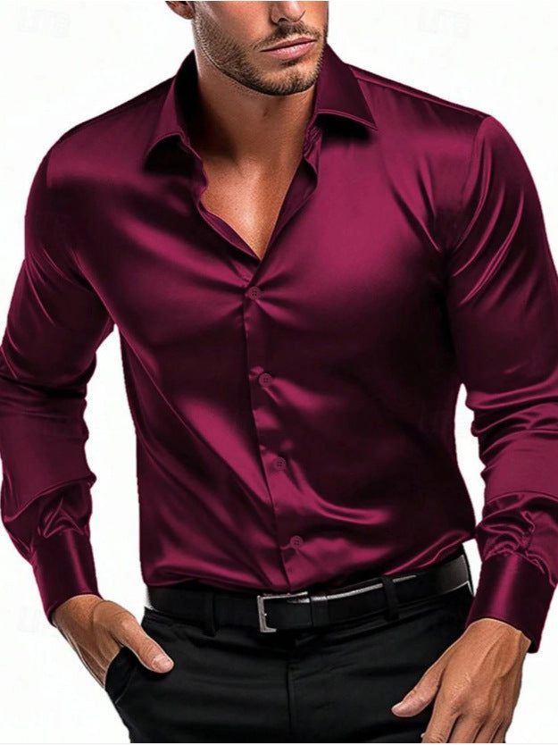 Men's Satin Dress Shirt with Button-Front Design