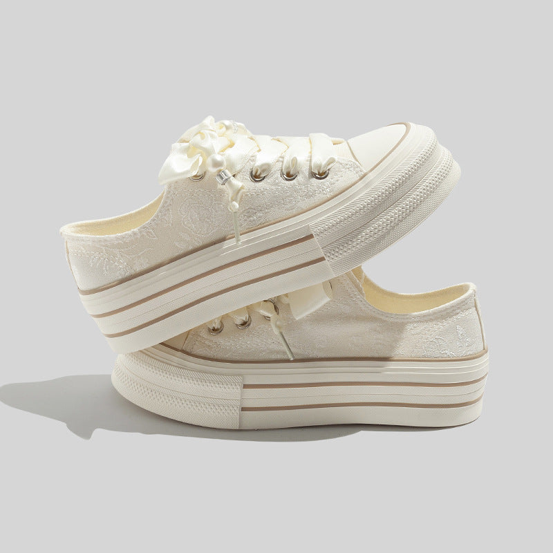 Women's Lace Platform Canvas Trainers with Ribbon Laces