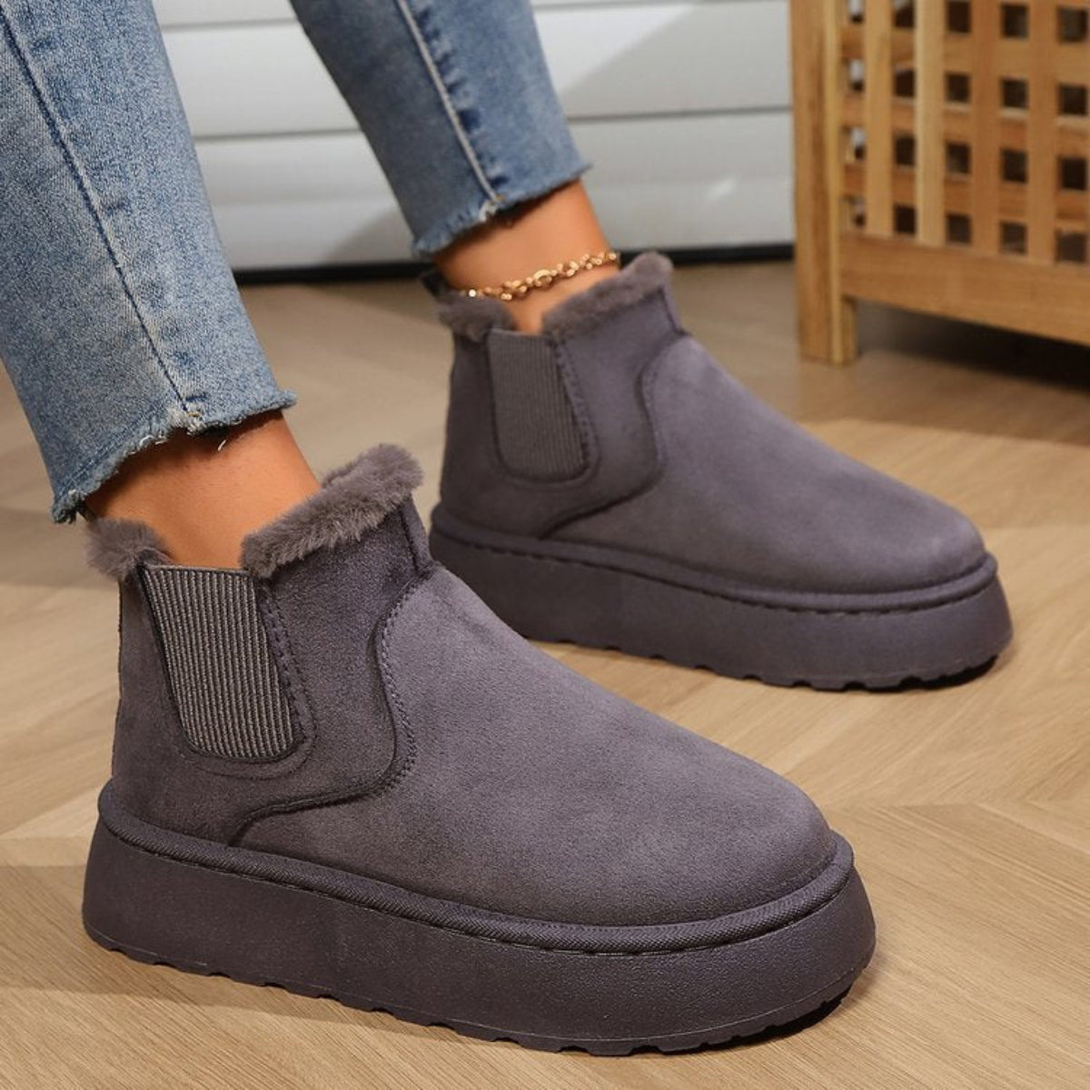 Bottines pour femme en daim synthétique, à enfiler | Bottes d’hiver doublées en fausse fourrure