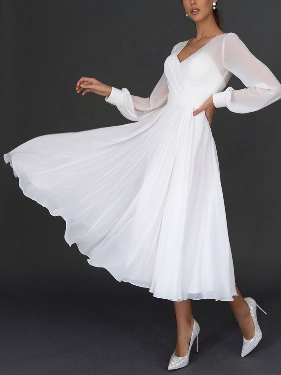 Women's Flowing Chiffon Midi Dress with Long Sleeves