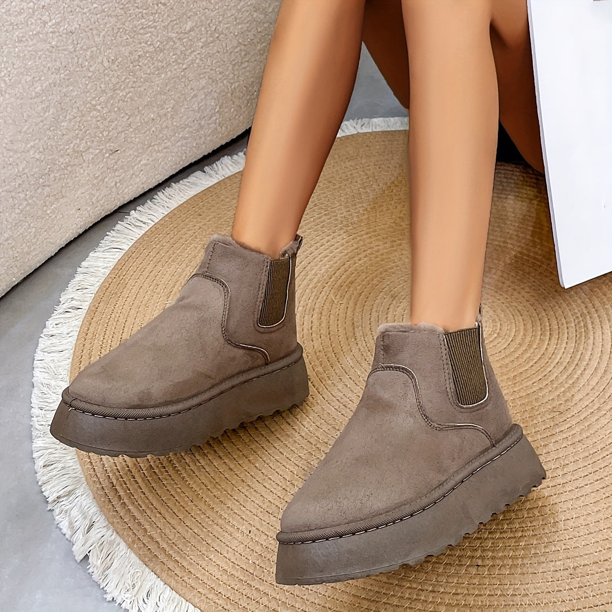 Bottines pour femme en daim synthétique, à enfiler | Bottes d’hiver doublées en fausse fourrure