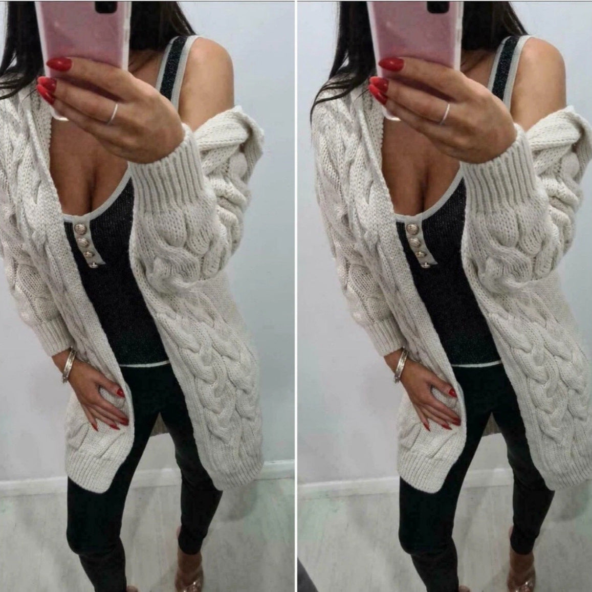 Cardigan à capuche en maille torsadée pour femme | Long et ouvert sur le devant