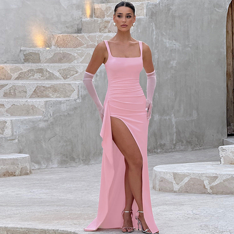 Women's Square Neck Evening Gown with Side Slit