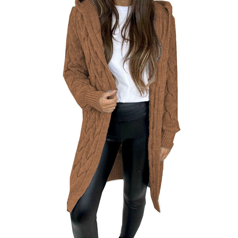 Cardigan à capuche en maille torsadée pour femme | Long et ouvert sur le devant