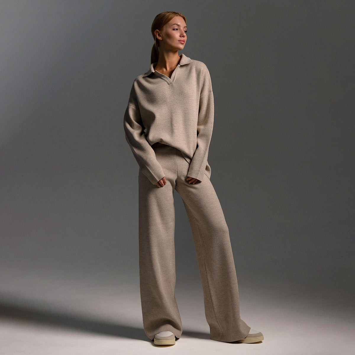 Knit Polo Sweater and Wide-Leg Trouser Set
