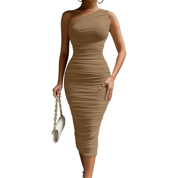 One-Shoulder Bodycon Midi Dress with Ruched Detail
