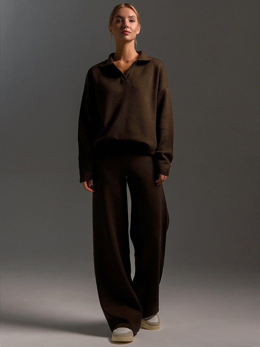 Knit Polo Sweater and Wide-Leg Trouser Set