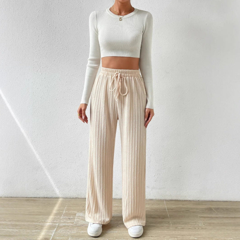 Pantalon côtelé pour femme à jambes larges et cordon de serrage
