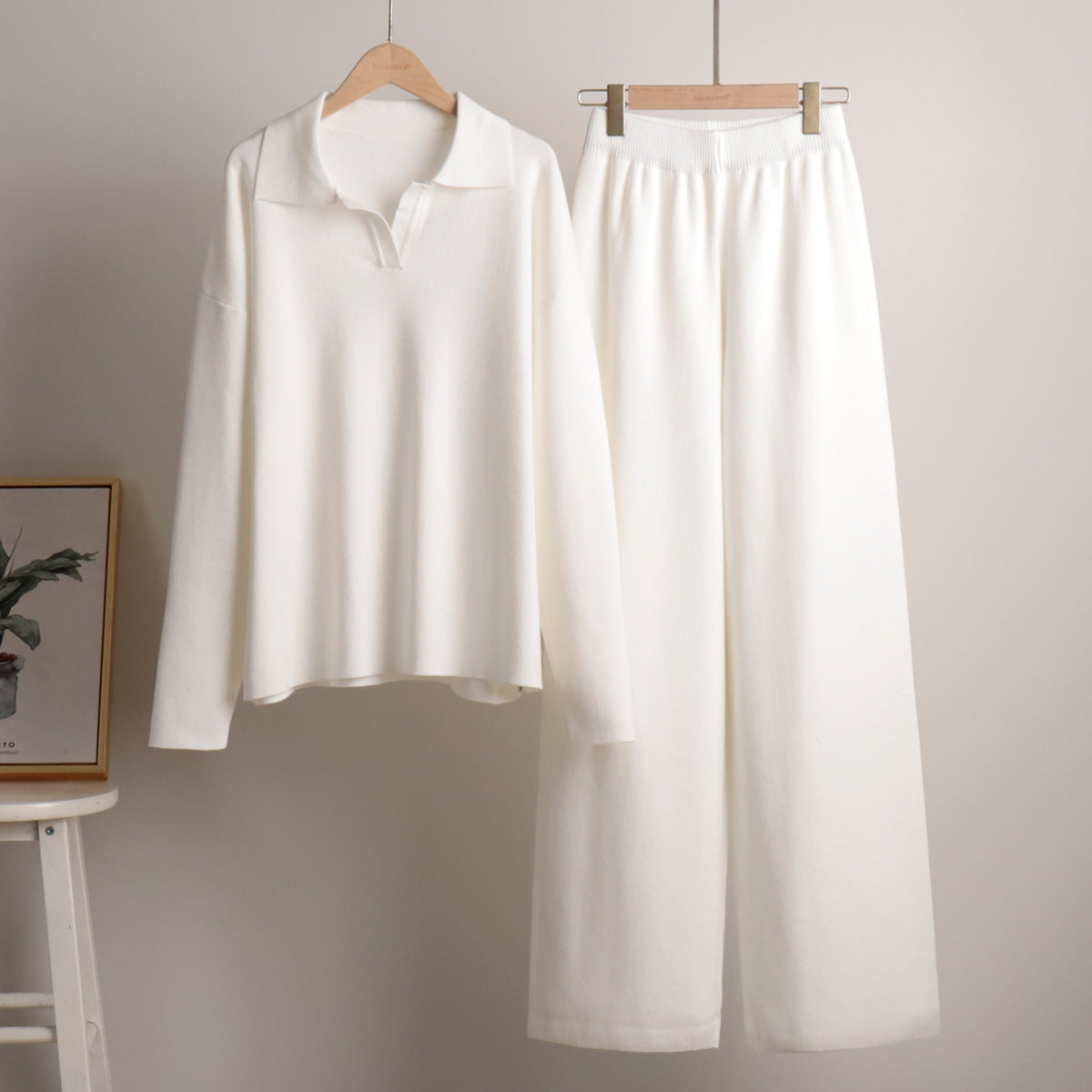 Knit Polo Sweater and Wide-Leg Trouser Set