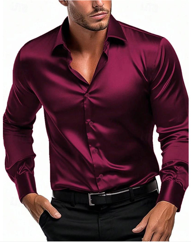 Men's Satin Dress Shirt with Button-Front Design