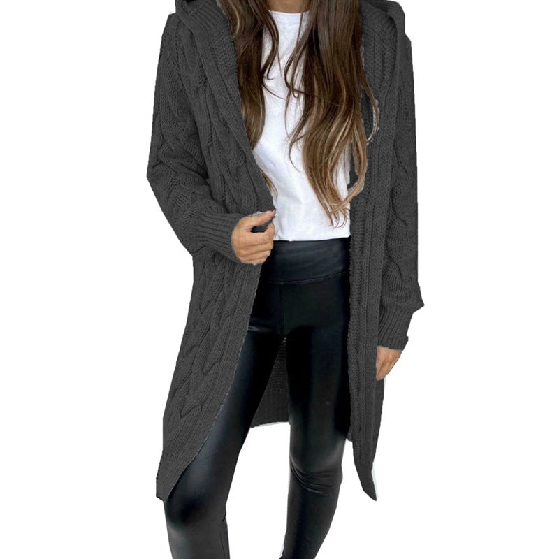 Cardigan à capuche en maille torsadée pour femme | Long et ouvert sur le devant