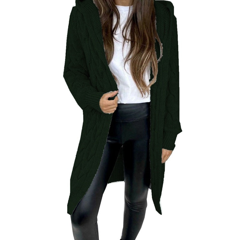 Cardigan à capuche en maille torsadée pour femme | Long et ouvert sur le devant