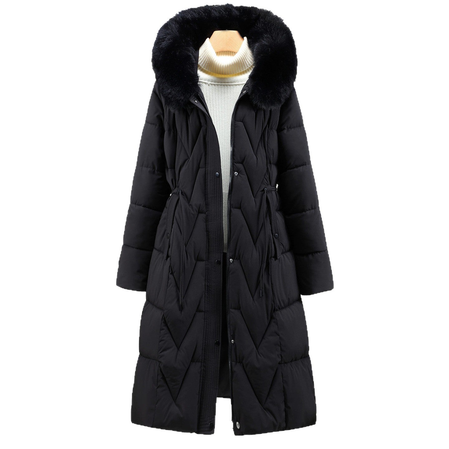 Doudoune longue à capuche pour femme avec bordure en fausse fourrure