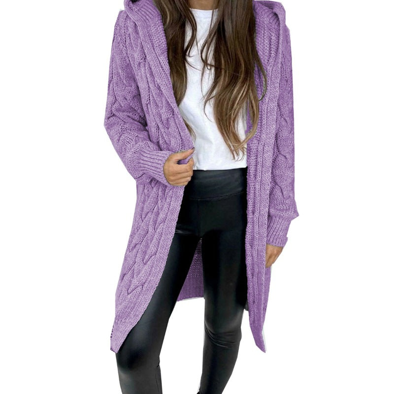 Cardigan à capuche en maille torsadée pour femme | Long et ouvert sur le devant