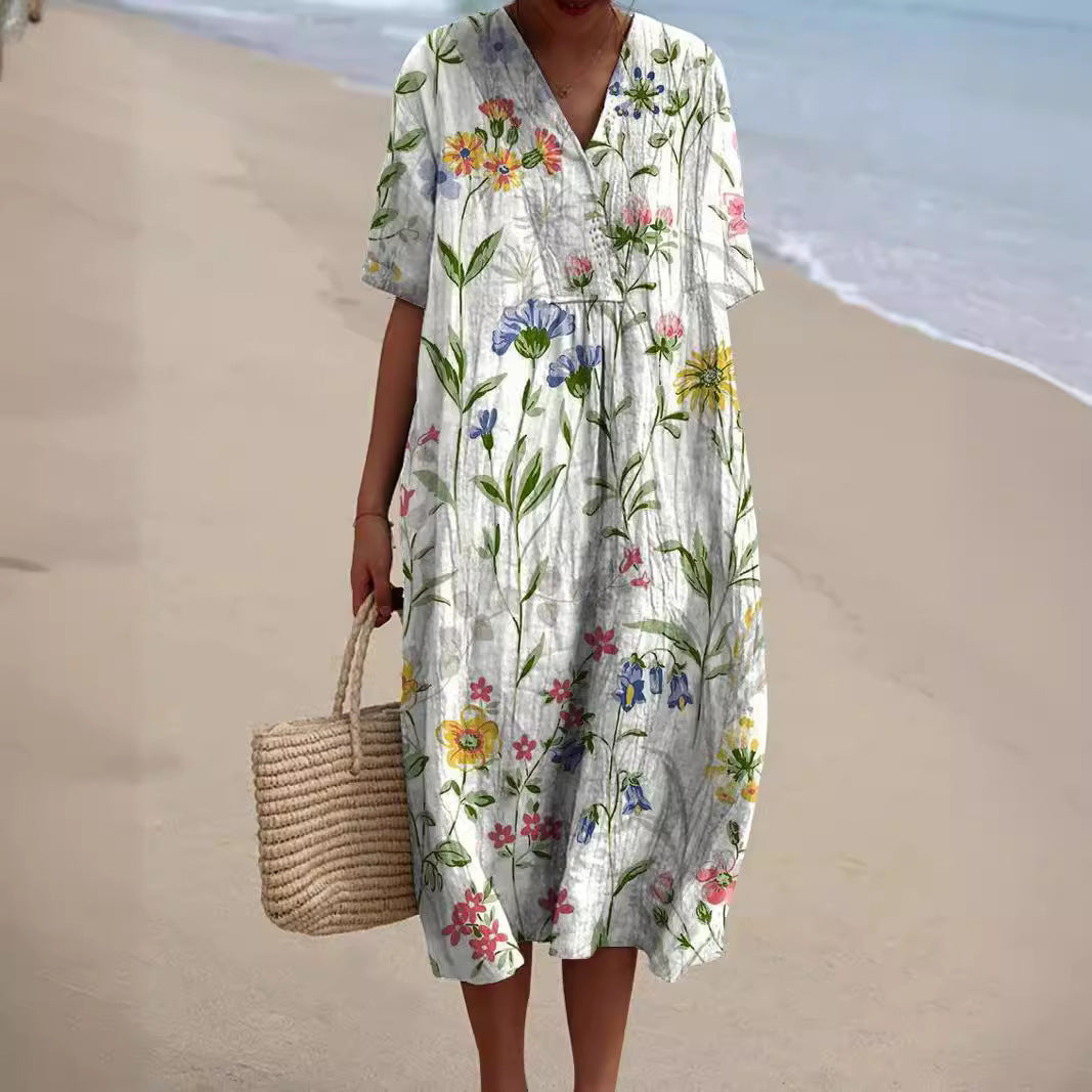 Floral Print Relaxed Fit Midi Dress with V-Neck