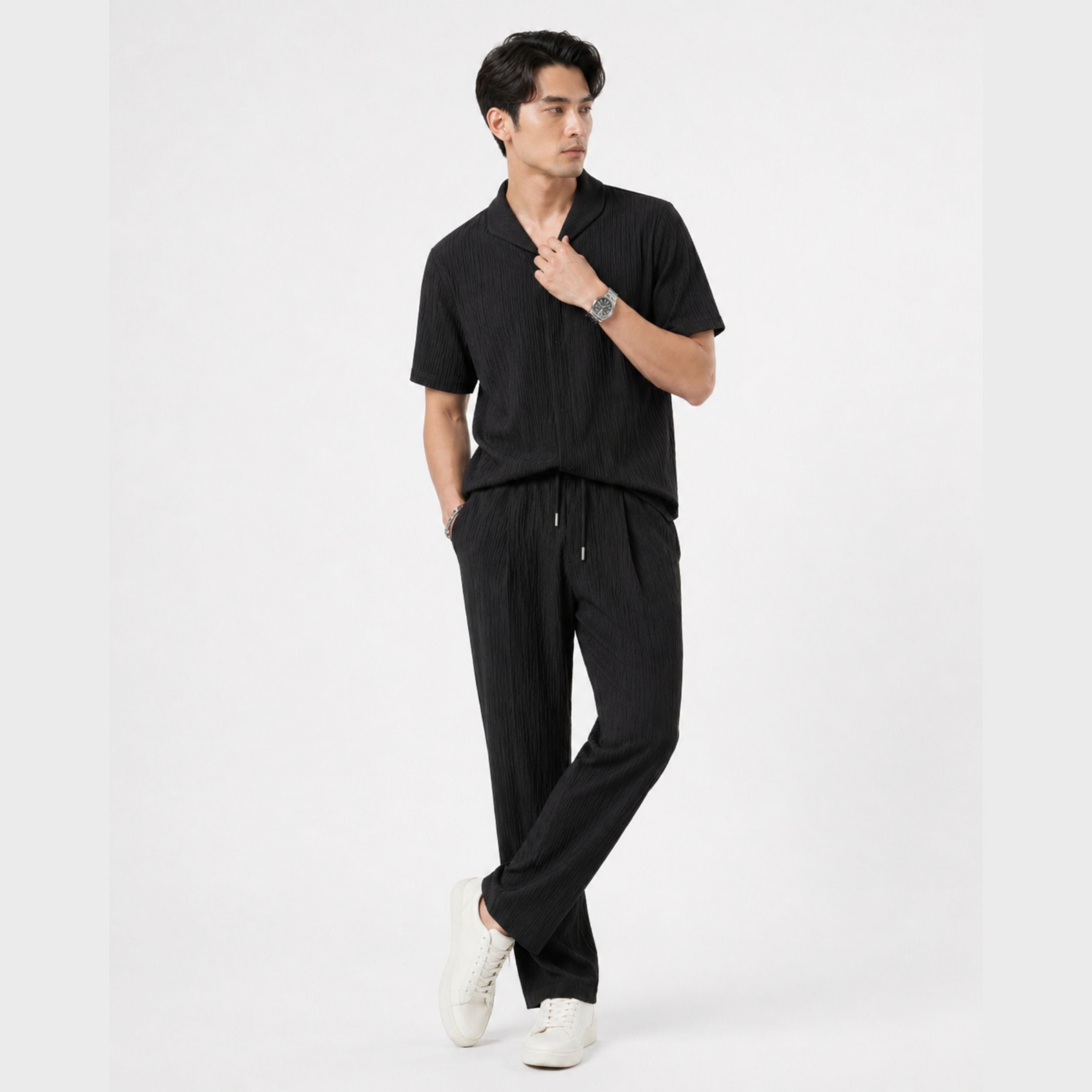 Textured Lounge Set with Camp Collar and Drawstring Waist