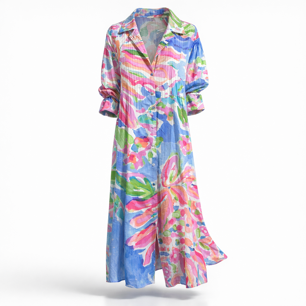 Printed Maxi Shirt Dress with Button Front